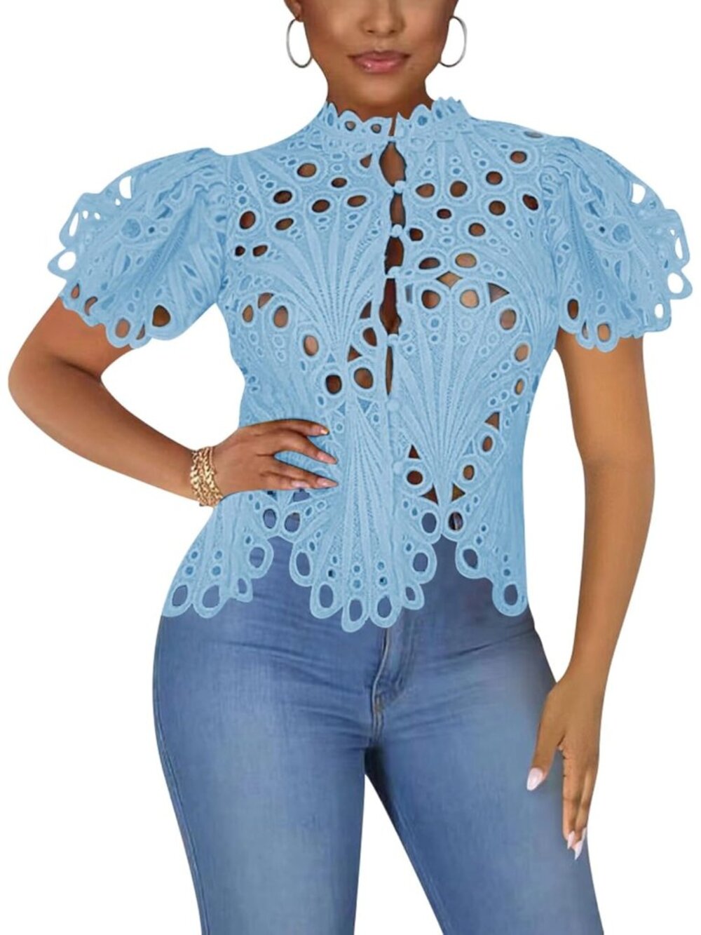 🆕Women’s Blue Lace Ruffle Puff Short Sleeve Button Down Tops Flare Tunic